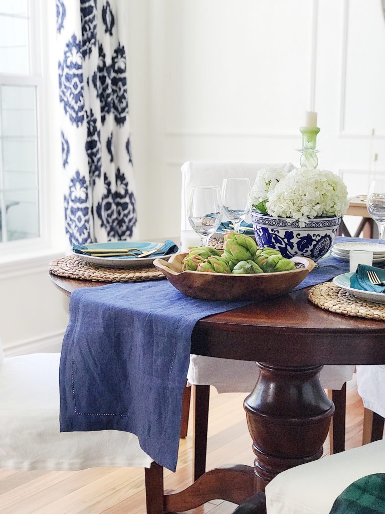Blue and white fall tablescape ideas | WelcomingFall Doors and Tablescapes