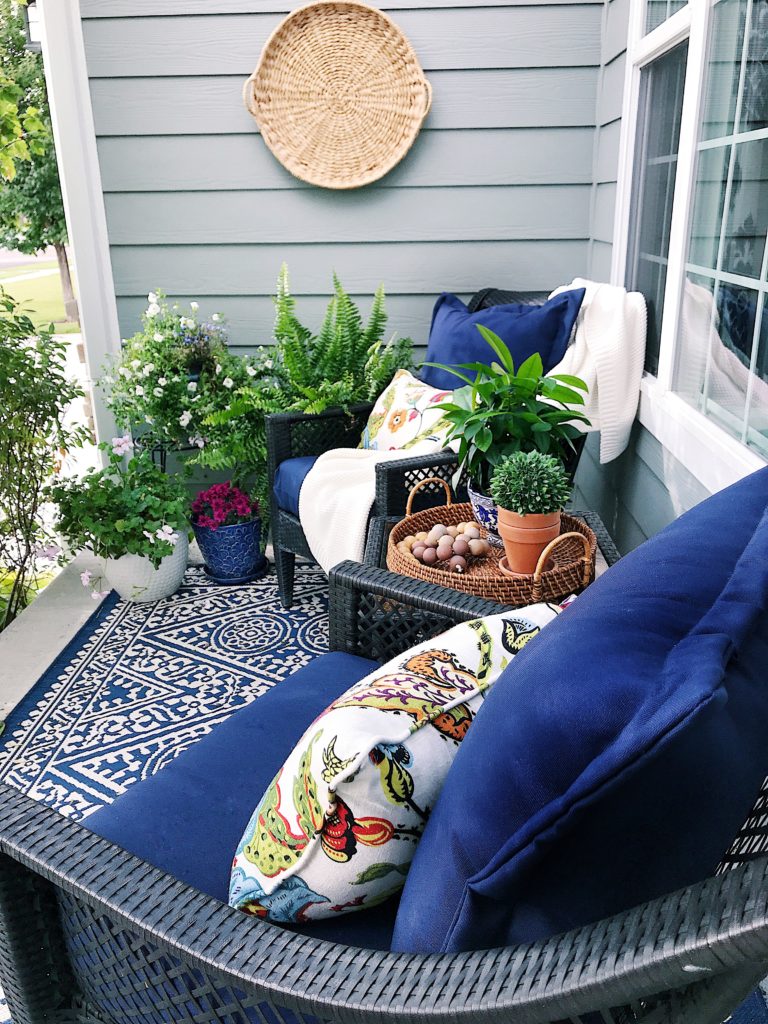 Blue and white fall front porch decor - jane at home
