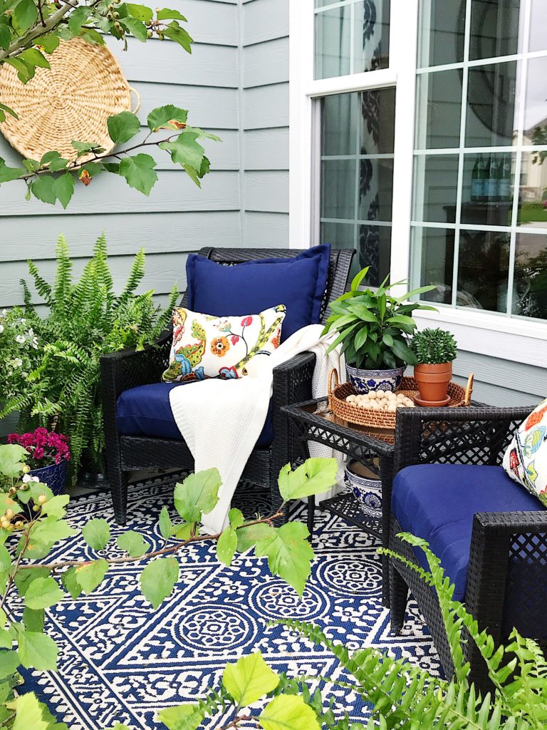 Blue and white fall porch idea | Welcoming fall doors and tablescapes - jane at home
